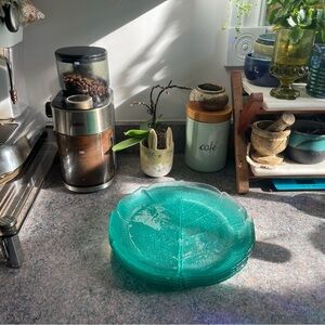 Vintage Arcoroc France turquoise teal Aspen Leaf set of 4 plates